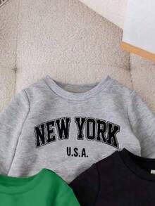 SHEIN 男婴休闲字母印花卫衣，适合秋季 - 綠色 - 查看 3