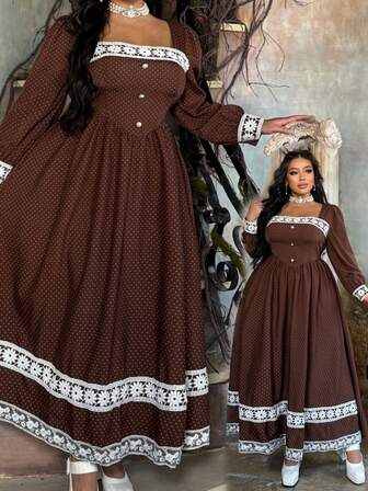 Lyrianda 波尔卡圆点撞色蕾丝泡泡袖连衣裙，优雅大方，适合春夏秋冬度假，收腰连衣裙