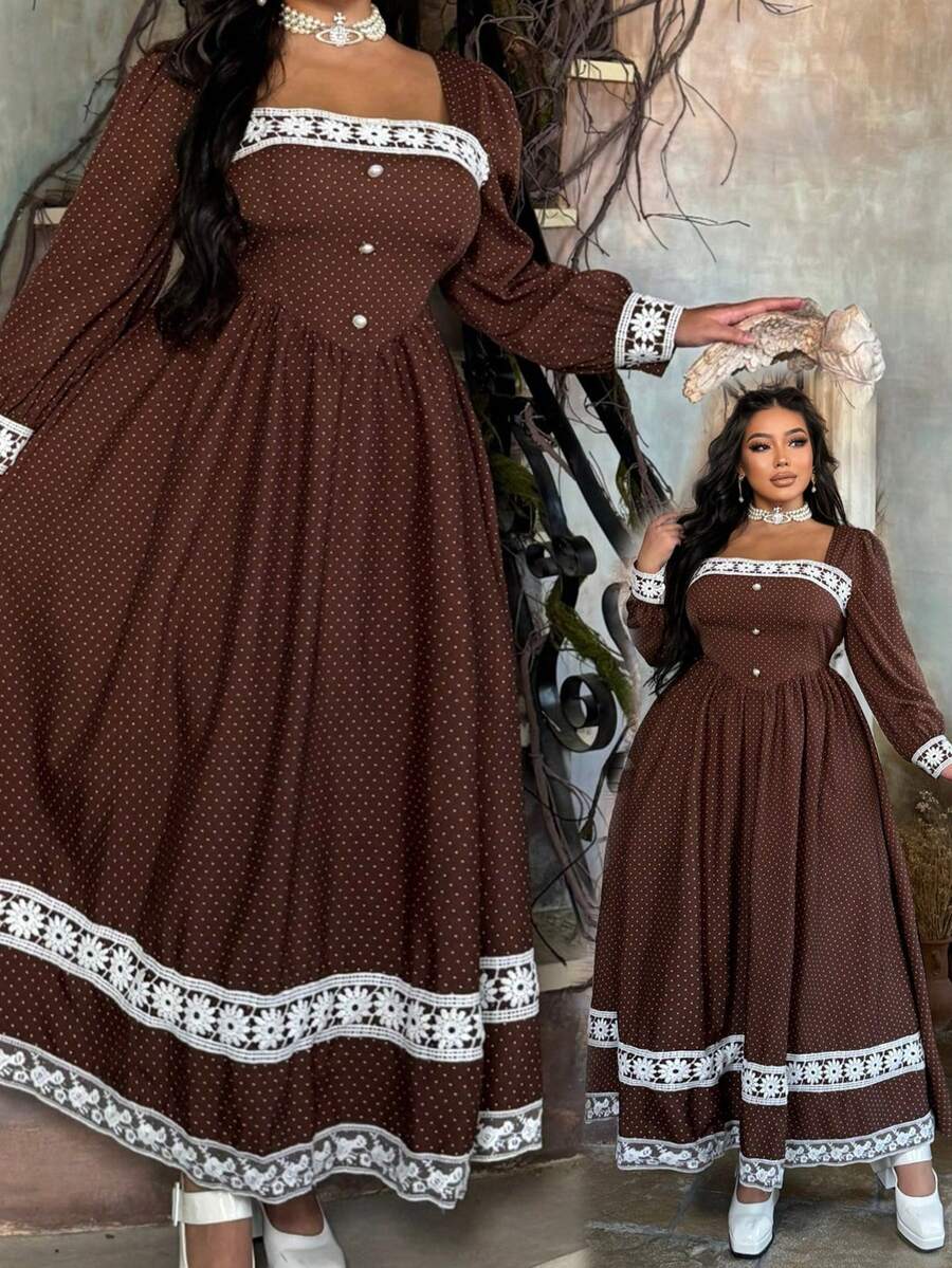 Lyrianda Polka Dot Contrast Lace Puff Sleeve Dress, Elegant, Suitable For Spring, Summer, Fall, Vacation, FCinched Waistimming Dress - Multicolor - View 1