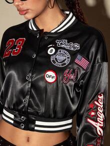 ROMWE Avant Chaqueta básica de satén ajustada con estampado de número y letra de insignia de estilo universitario retro de vuelta al colegio para mujer - Negro - Ver 6