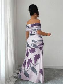 Modelyn Plus Size Women Mesh Printed Off Shoulder Ruched Formal Dress - Purple - View 2