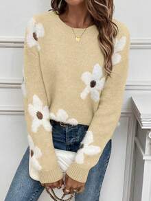 EMERY ROSE Women's Casual Floral Pattern Drop Shoulder Long Sleeve Sweater, Autumn/Winter - Apricot - View 4
