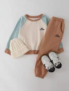 THE HAPPY LOOK 2pcs/Set Young Boy Raglan Sleeve Top And Pants, Simple And Fashionable - Brown - View 6