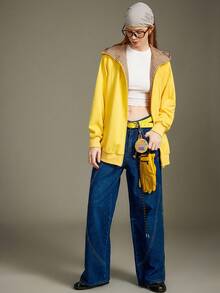 Elnivra 女式长袖连帽格子拼布运动衫夹克，黄色口袋休闲复古美式针织运动衫，返校秋季时尚