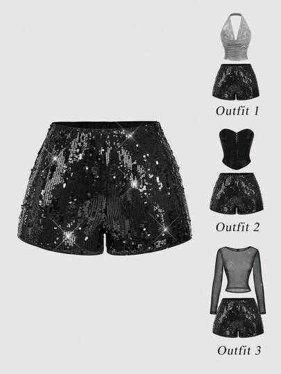 SHEIN MOD Pantalones cortos negros glamorosos de mujer con adornos de lentejuelas