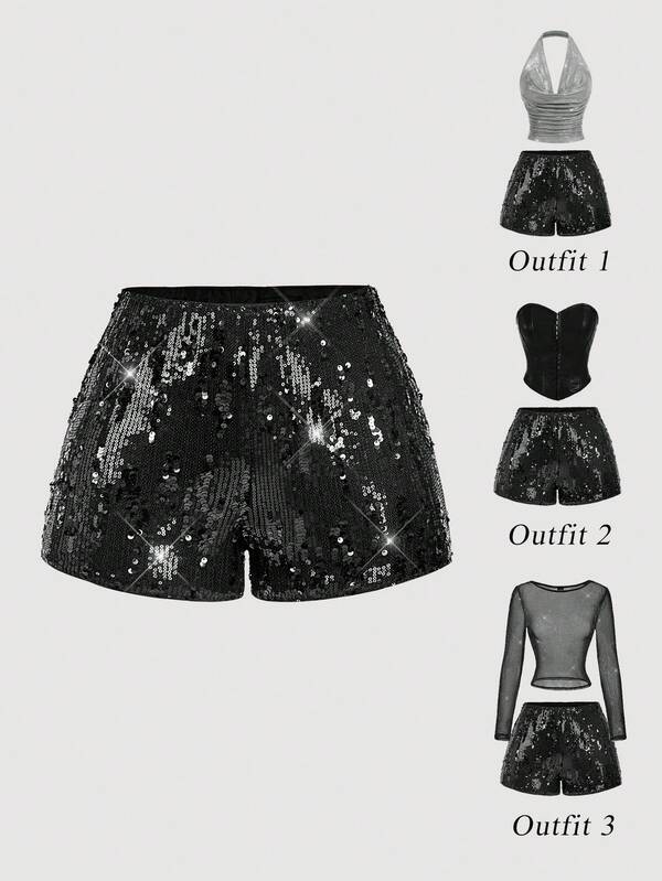 SHEIN MOD Pantalones cortos negros glamorosos de mujer con adornos de lentejuelas