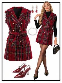 Ellevyn 优雅红色圣诞外套 女士优雅百搭经典圣诞新年红色格子大衣背心，秋冬经典百搭带衬里外套 情人节优雅保暖：红色格子背心