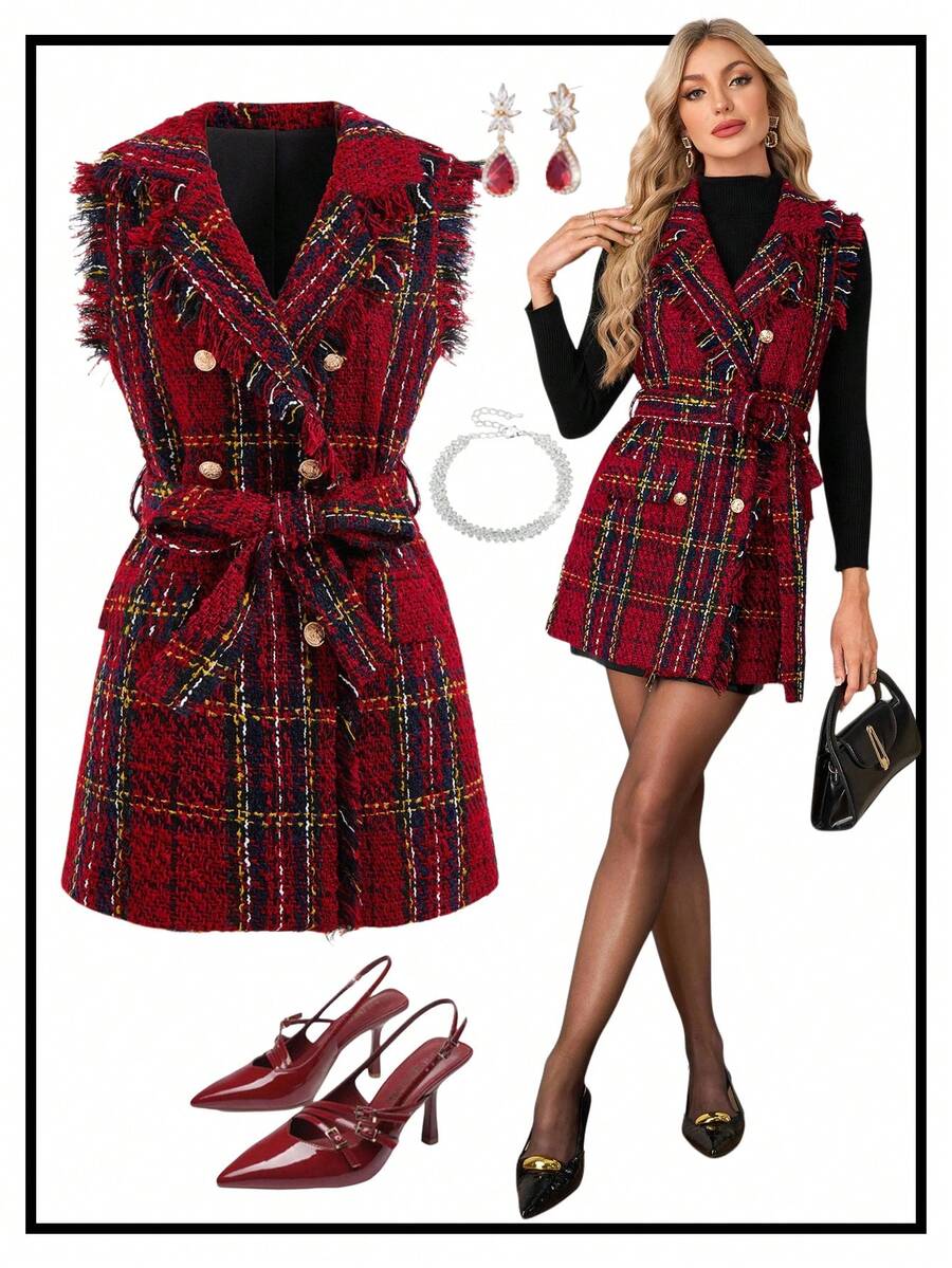 Ellevyn 优雅红色圣诞外套 女士优雅百搭经典圣诞新年红色格子大衣背心，秋冬经典百搭带衬里外套 情人节优雅保暖：红色格子背心