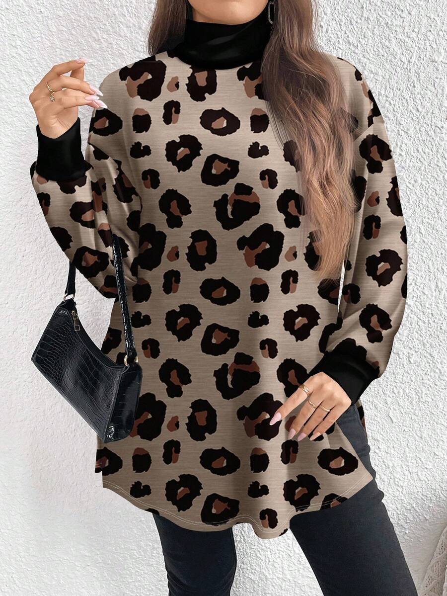 SHEIN CURVE+ 大码休闲豹纹高领长款T恤，秋冬款 - 彩色 - 查看 1