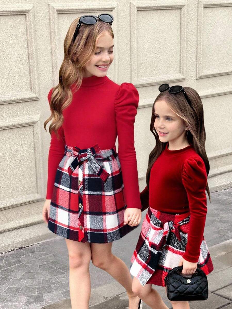 Leap Crew Conjunto de 2 peças/conjuntos para meninas, camiseta de veludo com gola falsa e manga curta, blusa e saia com detalhe de laço, estampa xadrez e bainha assimétrica, gola falsa, fofo, casual e vintage, elegante, ótimo para uso casual e diário e para a escola no outono e inverno, para o Natal - Vermelho - Ver 1