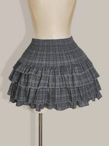 SHEIN ICON 大码女式腰部褶皱格子蛋糕裙，时尚 - 灰色 - 查看 5