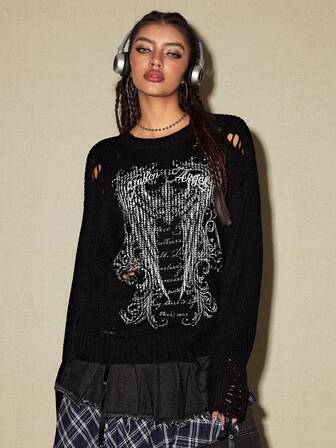 Goth Women's Round Neck Dark Style Knit Sweater, Unisex Fashion