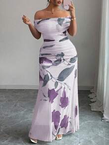 Modelyn Plus Size Women Mesh Printed Off Shoulder Ruched Formal Dress - Purple - View 1