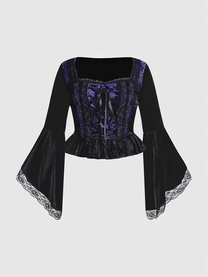 Goth Gothic Romantic Vintage Luxurious Dark Purple & Black Velvet Patchwork Blouse, Elegant Gothic Plus Size Women Top, Autumn/Winter Women Christmas Party Formal Wear