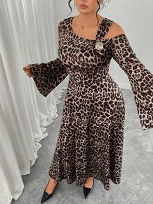 SHEIN Elenzya Plus Size Women Classic Leopard Print Asymmetric Shoulder Flare Sleeve Ruffle Decor Fitted Maxi Elegant Party Dress - Brown - View 4