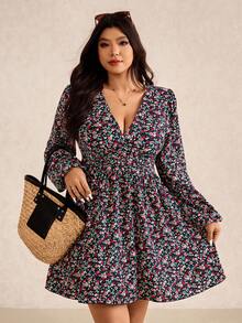 Elaquor Plus Size Casual Vacation Ditsy Ditsy Floral Cinched Waist Lantern Sleeve Dress, Autumn Women Floral Dress Picnic Dress Ditsy Floral Dress Long Sleeve Floral Dress