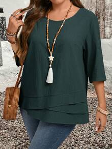EMERY ROSE Plus Size Asymmetric Hem Green Country Shirts Fall Clothes - Green - View 4