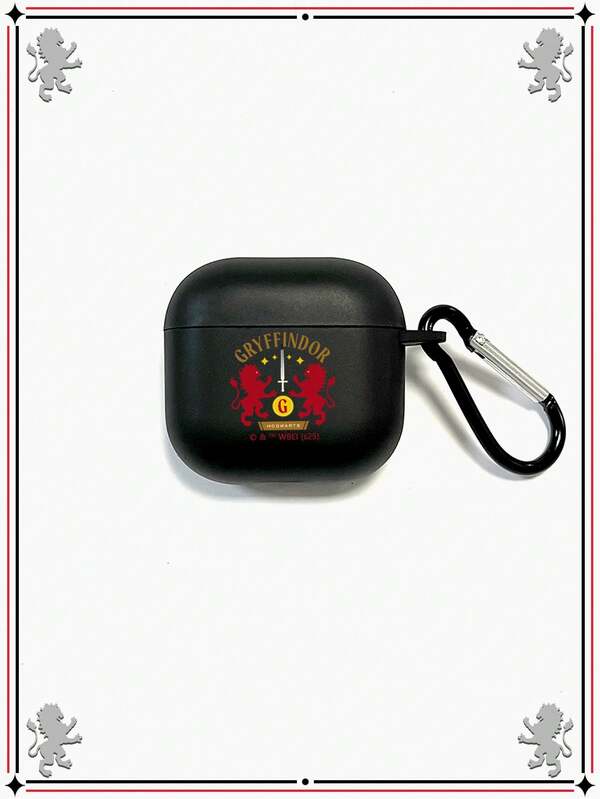 HARRY POTTER X SHEIN Black Matte One-Piece Wireless Earbud Case With Potterverse Gryffindor Pattern (Red Lions, Sword, "GRYFFINDOR" Text), Comes With Black Hook, Magic Style For Potterverse Fans Daily Use. Compatible With Wireless Earbuds, Compatible With Wireless Earbuds Pro 3 Case, Compatible With Wireless Earbuds 4 Case