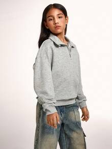Radiana Tween Girl Casual Basic Half-Zip High Neck Heather Gray Sweatshirt,In Fall/Winter - Grey - View 5