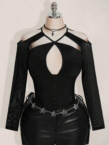 SHEIN ICON Plus Size Fashionable Sexy Long Sleeve Mesh Panel Cut-Out Shoulder Crop Top Spring Summer Concert Easter - Black - View 3