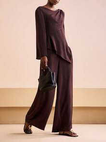 Zivah 2025秋冬新款休闲通勤宽松棕色披肩长袖衬衫+高腰阔腿女两件套，适合日常出游、旅行、朋友聚会、商务休闲女、教师装、教堂装女、早午餐装女、通勤-A - 棕色 - 查看 4