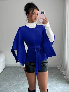 Elenzga Damen einfarbiger Pullover mit rundem Ausschnitt, Schlitzärmeln und Gürtel, Herbst/Winter - Königsblau - Übersicht 6