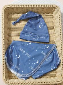 SHEIN 2 件套新生儿摄影襁褓包，含配套帽子月亮星星印花男婴襁褓毯婴儿摄影服装 - 彩色 - 查看 3