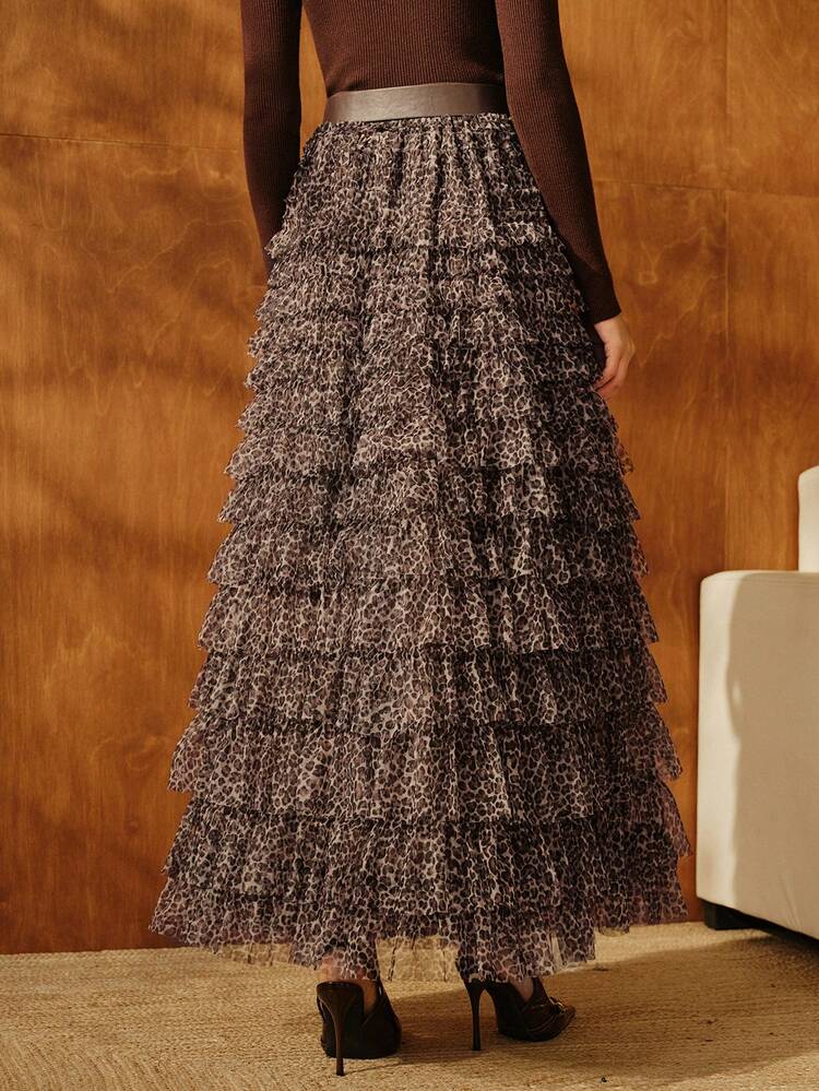 Autumn/Winter Stylish Gray A-Line Layered Leopard Print Tulle Skirt With Belt, Suitable For Going Out, Party, Wedding, Elegant, Chic, Fashionable, Christmas, Festival, Holiday