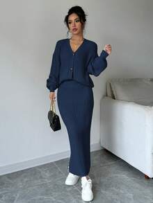 Elenzga Women's Solid Color Minimalist Long Sleeve Top And Skirt 2 Pieces Set - Royal Blue - View 3