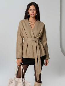 TRNVIE 一件卡其色围巾披肩V领宽松直筒袖外套，休闲、通勤、休闲、时尚女装，冬季 - 卡其色 - 查看 7