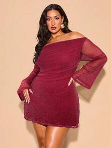 SHEIN Tall CURVE Plus Size Women's Elegant Glitter Off Shoulder Ruched Bell Sleeve Dress, Mini Burgundy Autumn Classy Party Dress For Graduation,Wedding,Evening - Red - View 4