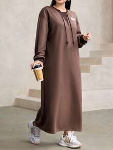 Modelyn 女式休闲抽绳装饰宽松圆领长款运动衫，加大码，棕色，秋冬 - 棕色 - 查看 6