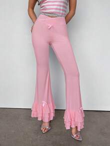 Sweetina Women's Casual Pink Fashion Cute Simple Solid Color Overlap Waist Bow Decor Multi-Layer Ruffle Hem Flare Pants - Pink - View 1