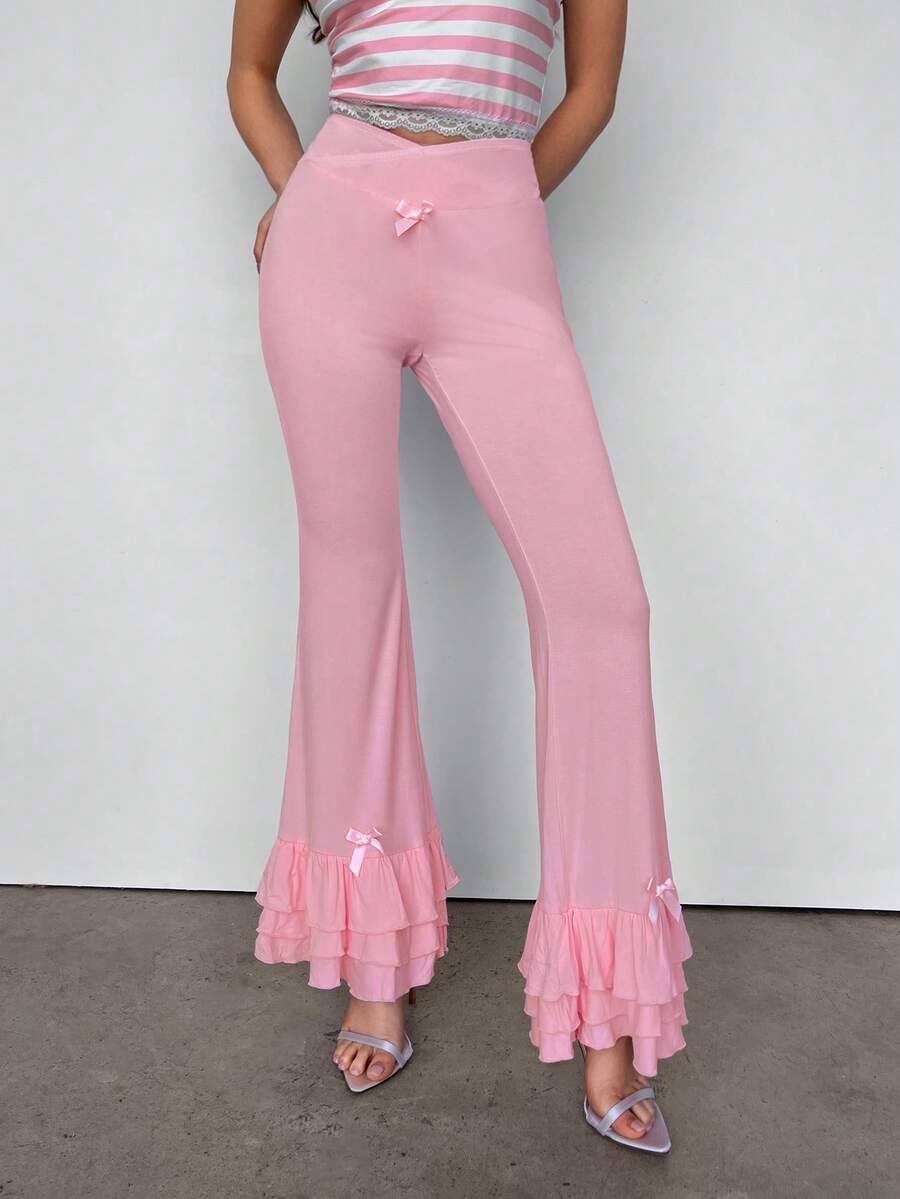 Sweetina Women's Casual Pink Fashion Cute Simple Solid Color Overlap Waist Bow Decor Multi-Layer Ruffle Hem Flare Pants - Pink - View 1