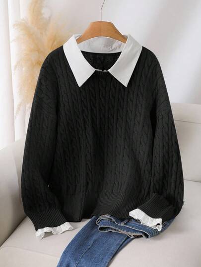 CosyJoli 大码女款灰色麻花针织毛衣 有领毛衣 女士毛衣 灰色毛衣 粗针织毛衣 有领毛衣 秋冬可爱毛衣