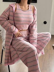 DAZY 3pcs Knitted Robe, Tank Top And Pants Pajama Set, Striped Pattern, Women Pajamas Set For Autumn/Winter Clothes - Pink - View 4
