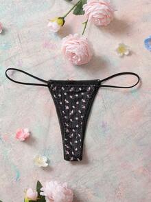 FloralLove Black Floral Jacquard Knit 3D Flower Romantic Countryside Style Black Thong Panties, Women's Floral Thong Underwear