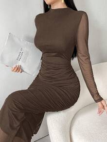 Modelyn 女式纯色简约日常长袖网眼连衣裙超长款女式长款晚礼服 - 棕色 - 查看 6