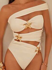 Swim Chiccia Damen Einteiliger Badeanzug mit Seestern Dekor in Unifarbe, Sexy - Aprikosenfarben - Übersicht 9