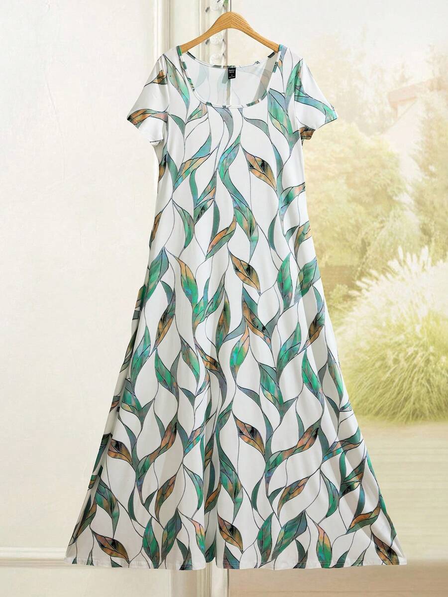 EMERY ROSE 印花休闲方领短袖连衣裙夏季女士连衣裙长裙超长女士连衣裙