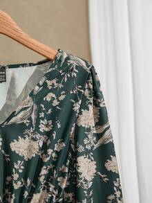 EMERY ROSE 女士花卉印花长袖连衣裙，休闲日常穿着，秋冬 - 綠色 - 查看 5