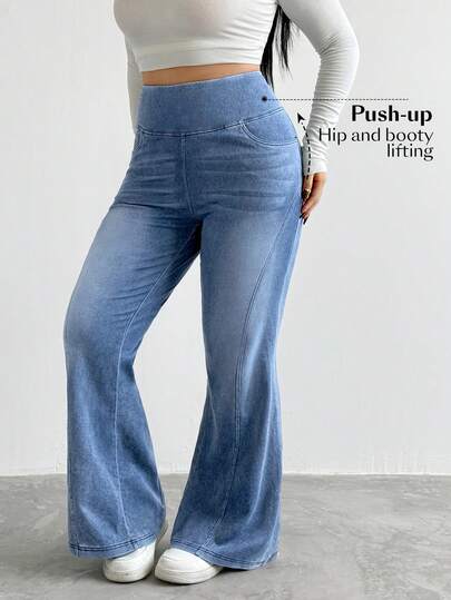 Flexra Quần ống loe denim wash dáng rộng thời trang thường ngày dành cho nữ cỡ lớn