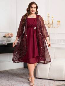 Reflora Bộ 2 món áo khoác và váy dự tiệc sequin sang trọng cỡ lớn - Đỏ - Xem 13