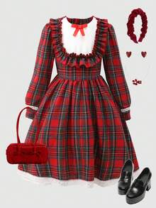 Tween Girl Red And White Plaid Dress,Cute Back-To-School Fashion For Autumn School,Red Ribbon Bow,White Lace Hem Princess Halloween Christmas Party - Multicolor - View 3