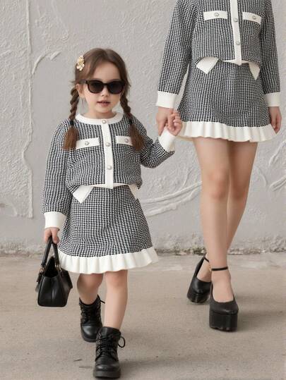 2pcs Young Girls Sweater Set, Cardigan Jacket Top And Pants, Black And White Color Block, Suitable For Layering, Pairing With Or Down Jackets, Autumn/Winter