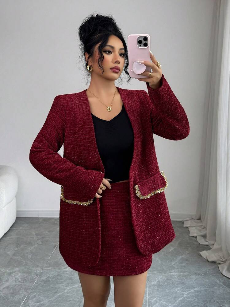 Women's Elegant Commuter Sequin Decor Jacket & Skirt 2 Pieces Set