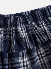 SHEIN Girlism 少女秋季校园风格校园服装，黑色立领针织毛衣长袖 T 恤和蓝白格子百褶裙两件套 - 藍色 - 查看 5