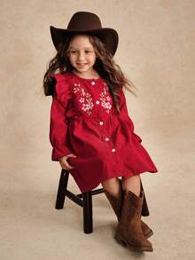 Young Girl Floral Embroidery Ruffle Trim Flounce Sleeve Button Front Cord Dress Dark Green Dress For Young Girl