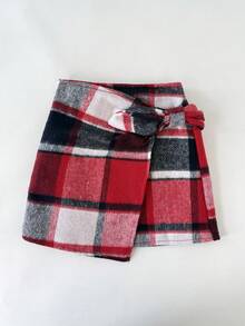 Leap Crew Conjunto de 2 peças/conjuntos para meninas, camiseta de veludo com gola falsa e manga curta, blusa e saia com detalhe de laço, estampa xadrez e bainha assimétrica, gola falsa, fofo, casual e vintage, elegante, ótimo para uso casual e diário e para a escola no outono e inverno, para o Natal - Vermelho - Ver 7