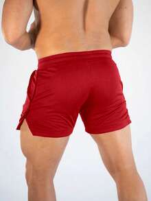 GymBeat Shorts esportivos minimalistas masculinos estilo boyfriend, cor sólida, com amarração frontal, para uso casual no dia a dia, na cor vermelha, leves. - Vermelho - Ver 2